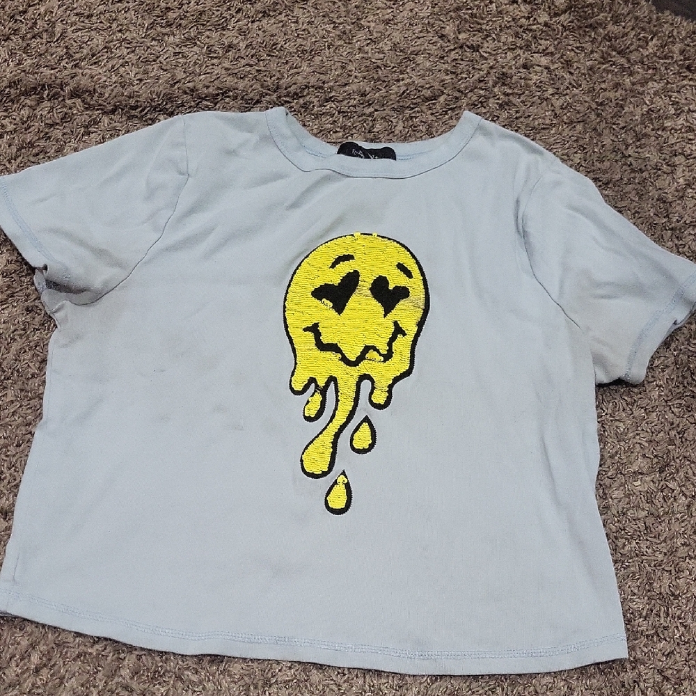 Forever 21 Light Blue Tee with Yellow Dripping Smiley
